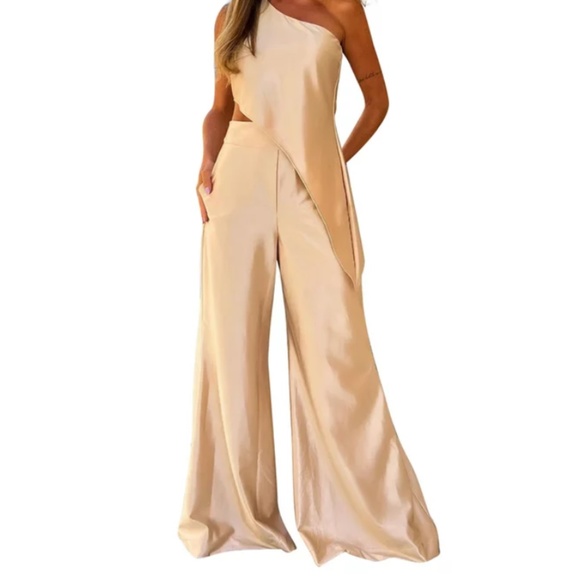 Women One Shoulder Hi Lo Cropped Satin Wide Leg Set in beige sz xl - Picture 2 of 7